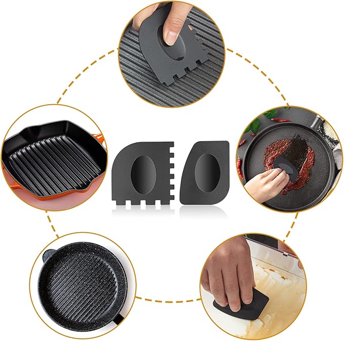 Cast Iron Scrubber, Kitchen Cleaning Set Including Honeycomb Non-Slip Silicone Pot Handle Holder, 2 Pan Grill Griddle Scrapers, Bamboo Handle Brush, 316 Stainless Steel Chainmail for Easy Clean