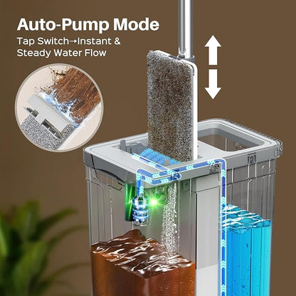 Mop and Bucket Set with AUTO Pump, 3-Zone Separate Dirty and Clean Water, Flat Mop and Bucket System with Wringer and Wheels, 3 Reusable Microfiber Pads, One-Touch Water Filling for Home Cleaning