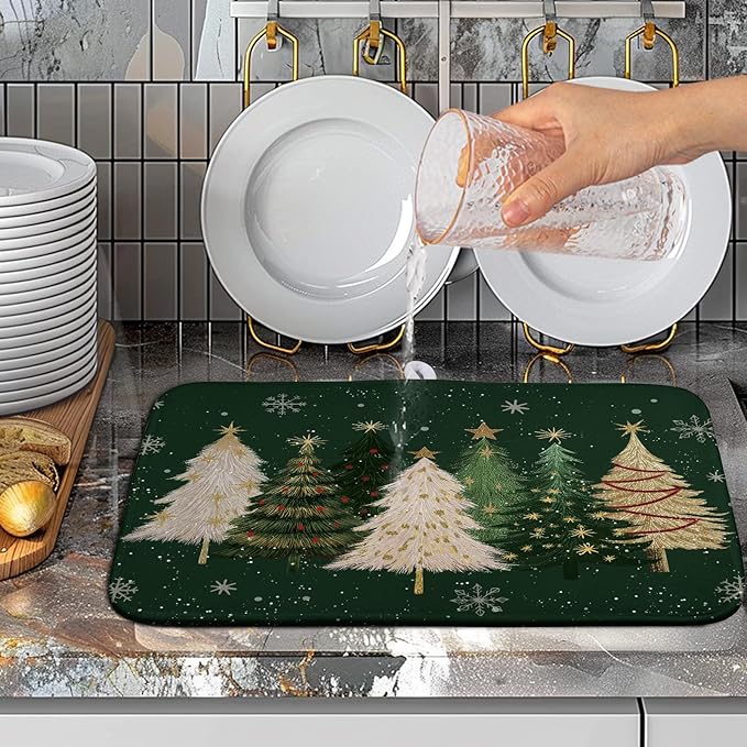 Green Christmas Tree Snowflakes Dish Drying Mat for Kitchen Counter 16x18 Inch Winter Xmas Holiday Dish Rack Mat Absorbent Microfiber Dish Draining Mat Reversible Drainer Pad