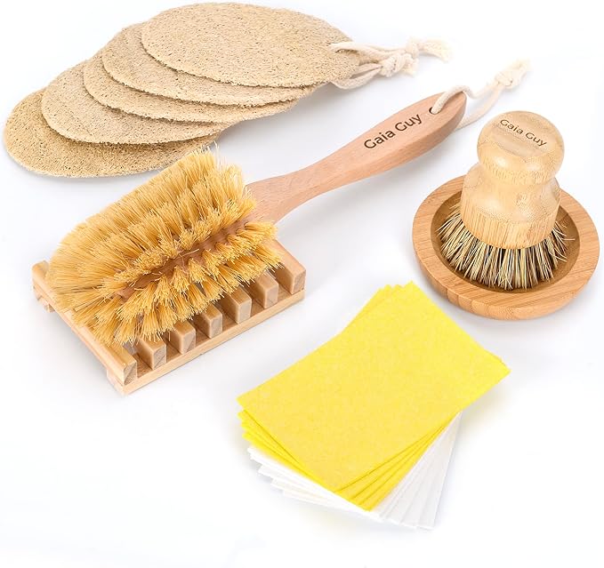 (NO Plastic) Dish Washing Brushes and Sponges, 2 Wood Brushes + 10 Natural Sponges + 5 Loofahs+ 2 Wood Brush Holders, Plastic Free Kitchen Cleaning Brushes (Zero Waste Kit)