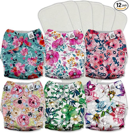 Mama Koala 3.0 Pocket Cloth Diapers for Babies with AWJ Lining, 6 Pack with 6 5-Layer Natural Cloth Diaper Inserts - Reusable and Washable Pocket Diapers(A-Bloomin' Lovely)
