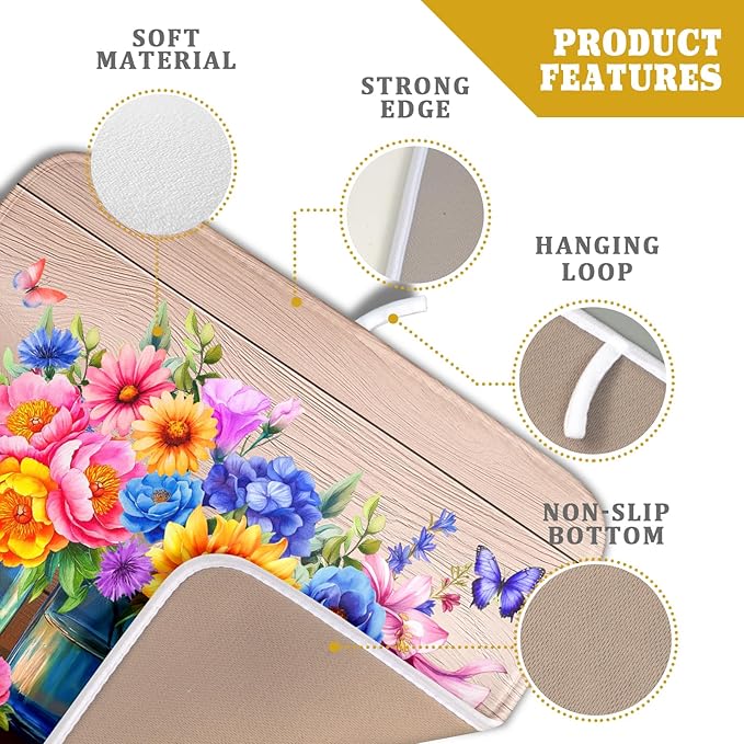 Colorful Flowers Dish Drying Mat for Kitchen Counter 16x18in Spring Flower Vases Dish Mat Drying Kitchen Mat Absorbent Microfiber Dish Drainer Rack Mats Botanical Floral Dishes Pad for Countertops