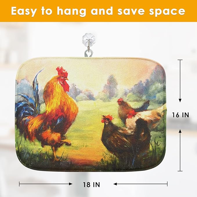 Sanwarm Absorbent Dish Drying Mat, Multicolor Oil Realistic Rooster Chickens Microfiber Pad for Kitchen Counter, Coffee Bar Decor, Heat Resistant and Reversible, 16" x 18"