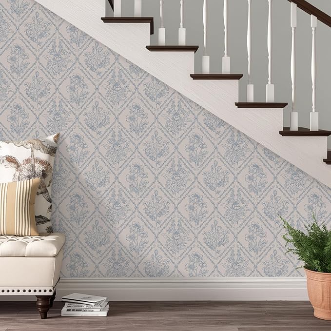 Toduso Peel and Stick Wallpaper Vintage Wall Paper Boho Contact Paper Blue Removable Wallpaper for Kitchen Bathroom Bedroom Floral Waterproof Self Adhesive Vinyl Drawer Decor 17.3"x78.7"