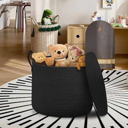 18" X 14" Large Black Basket with Lid, Cotton Rope Storage Basket for Blanket, Toy, Pillow, Towel, Living Room Bedroom Storage Bin, Wicker Woven All Black Organizing Bin with Cover