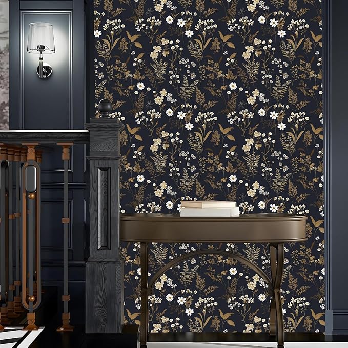 Laatse Dark Floral Wallpaper Peel and Stick 17.5in x 197in Vintage Navy Gold Leaf Wallpaper Vinyl Waterproof Self-Adhesive Dark Blue Botanical Wall Paper Mural for Bookcase Bedroom Cabinet Decor