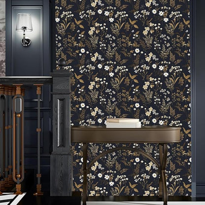Laatse Dark Floral Wallpaper Peel and Stick 17.5in x 197in Vintage Navy Gold Leaf Wallpaper Vinyl Waterproof Self-Adhesive Dark Blue Botanical Wall Paper Mural for Bookcase Bedroom Cabinet Decor