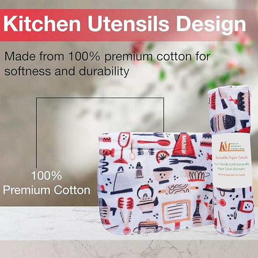 Pack of 10 Reusable Paper Towels | 10x10 Inch Cotton Towels | Kitchen Utensils Print | Eco Friendly, Washable, Quick Drying | Sustainable Cleaning Cloths | Kitchen Utensils