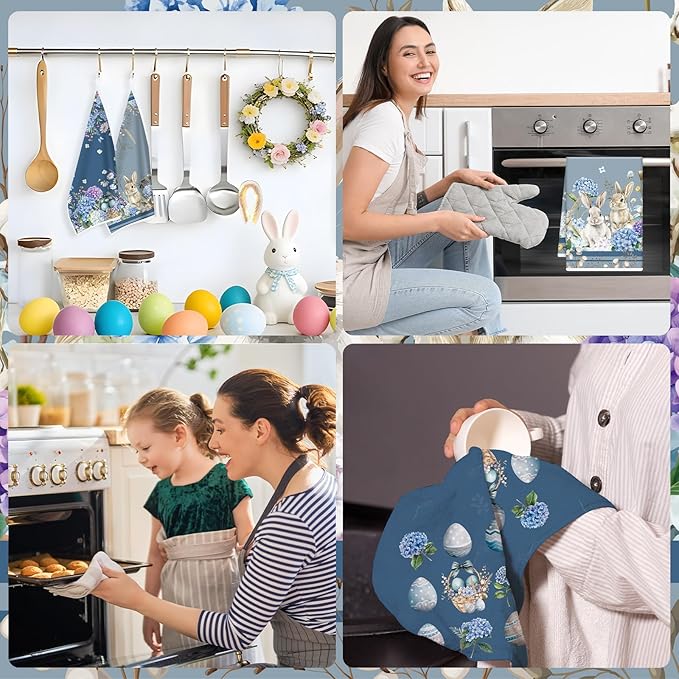 Easter Kitchen Towels Set of 4, Bunny and Hydrangea Dish Towels Gifts for Cooking Cleaning, Eggs and Flower Hand Towels with Hanging Loop for Bathroom Home Decor