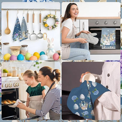 Easter Kitchen Towels Set of 4, Bunny and Hydrangea Dish Towels Gifts for Cooking Cleaning, Eggs and Flower Hand Towels with Hanging Loop for Bathroom Home Decor