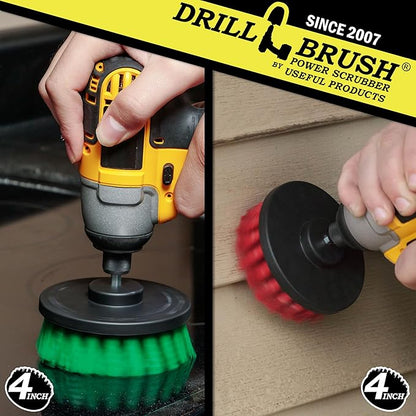 Drill Brush - Indoor/Outdoor Medium and Stiff 4-inch Round - Spin Brush - Combo Kit - Cleaning Supplies - Stove, Oven, Sink - Grout Cleaner - Outdoor Rug - Deck Brush - Algae, Mold, Mildew, and Moss