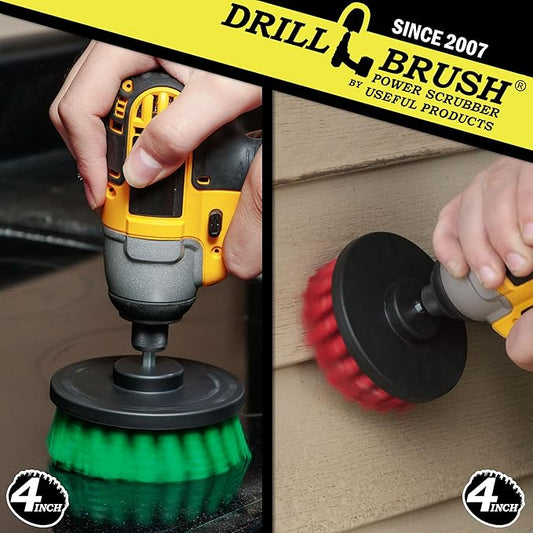 Drill Brush - Indoor/Outdoor Medium and Stiff 4-inch Round - Spin Brush - Combo Kit - Cleaning Supplies - Stove, Oven, Sink - Grout Cleaner - Outdoor Rug - Deck Brush - Algae, Mold, Mildew, and Moss