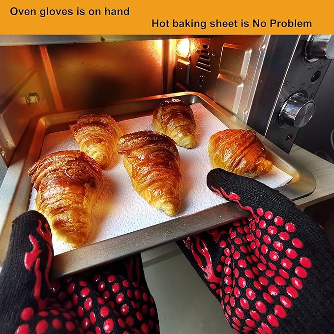 Turkey Fryer BBQ Heat Resistant Gloves, Cooking Gloves, Oven Gloves 1472℉,14Inch, Heat Resistant, Grill Gloves, Silicone Non-Slip Cooking Gloves for Cooking, Grilling, Baking, Welding, (Large, Red)