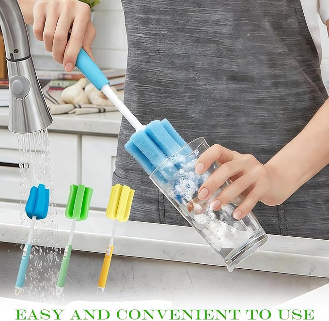 3PCS Dishwashing Foam Sponge Brush with Adjustable Long Handle Bottle Scrubber Cleaning Sponges Brushes Cleaner Soft for Baby Bottle Kitchen Clean Glasses Mugs Cups (Color Random)