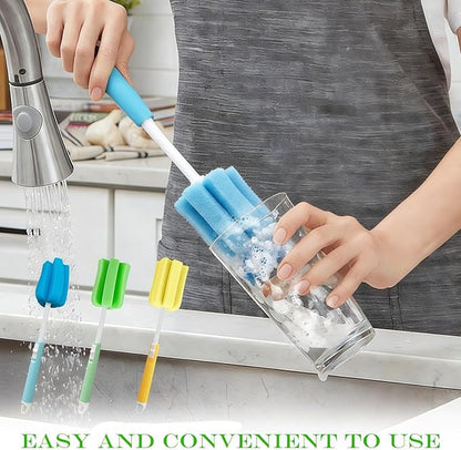 3PCS Dishwashing Foam Sponge Brush with Adjustable Long Handle Bottle Scrubber Cleaning Sponges Brushes Cleaner Soft for Baby Bottle Kitchen Clean Glasses Mugs Cups (Color Random)