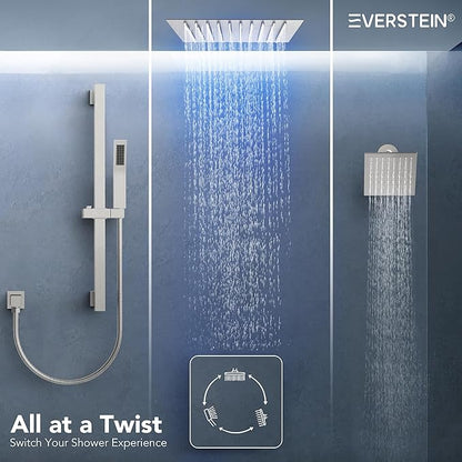 Celling Mount 64 Color LED Mood Lighting Dual Rainfall Shower Head Faucet, 12 Inch Rainfall Shower System (Brushed Nickel)