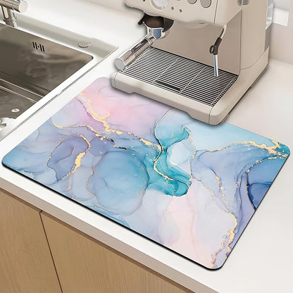 Dish Drying Mat for Multiple Usage. Super Absorbent, Easy clean, Quick dry, Cocina Accesorios for Kitchen Counter or Faucet Sink, Coffee bar, Refrigerator or Air fryer liners, 2 Pack Colorful Marble