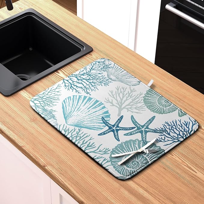 Summer Teal Dish Drying Mat for Kitchen Counter Nautical Coastal Blue Dishes Drainer Mats Turquoise Beach Coral Seashell Starfish Ocean Absorbent Microfiber Dish Draining Pad 18x24 Inch
