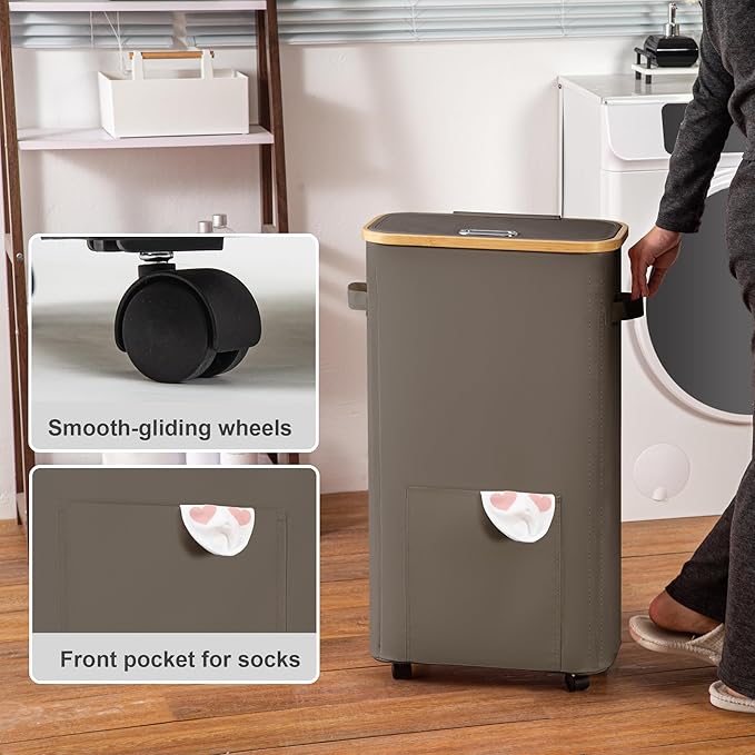 Laundry Basket with Wheels, Tall Dirty Clothes Hamper on Wheels, Rolling Laundry Hamper with lid for Dorm, Bedroom and Bathroom