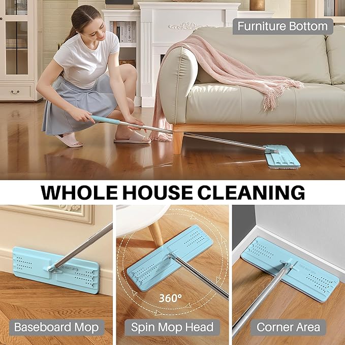 JOYMOOP Flat Mop, Microfiber Mops for Floor Cleaning and Wall Cleaner, 50" Mops with 13" Flat Head with a Microfiber Mop Pad - Pale Aqua