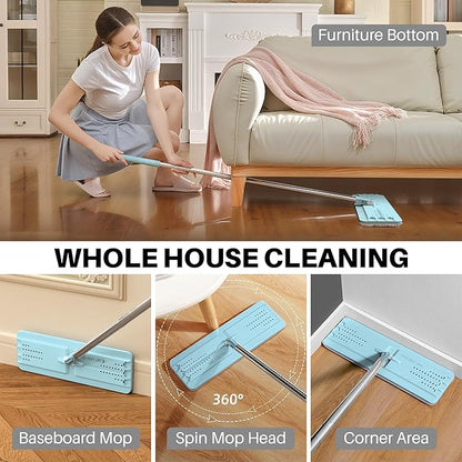 JOYMOOP Flat Mop, Microfiber Mops for Floor Cleaning and Wall Cleaner, 50" Mops with 13" Flat Head with a Microfiber Mop Pad - Pale Aqua