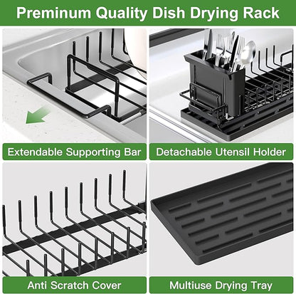 Dish Drying Rack Over the Sink Expandable In Small Black Drainer Dry for Kitchen Counter, Metal Stainless Steel Compact Dishes Drain with Tray, Space Saving Extendable Modern Plate Strainer Holder