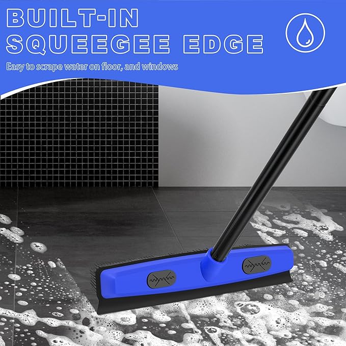 Rubber Broom Carpet Brush with Squeegee, Pet Hair Remover with 52.8 inches Long Handle, Detailing Lint Fur Removal Tool, Silicone Rug Rake for Cleaning Hardwood Floor, Tile, Window (Blue)