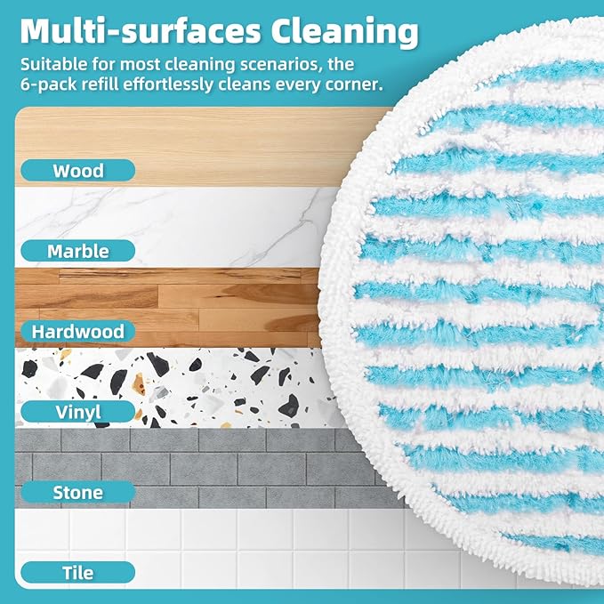 6 Pack Steam Mop Relacement Pads Compatible with Pursteam ScrubMaster Steam Mop Cleaner, Washable Reusable Microfiber Mop Head Refills, Heavy Duty Pads for Cleaning Stains