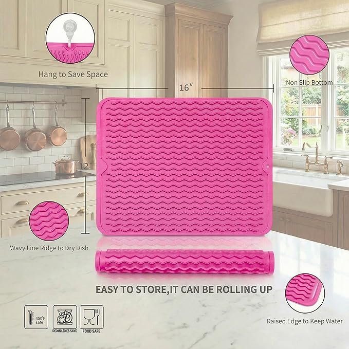 MicoYang Silicone Dish Drying Mat for Multiple Usage,Easy clean,Eco-friendly,Heat-resistant Silicone Mat for Kitchen Counter or Sink,Refrigerator or drawer liner Rose L 16 inches x 12 inches