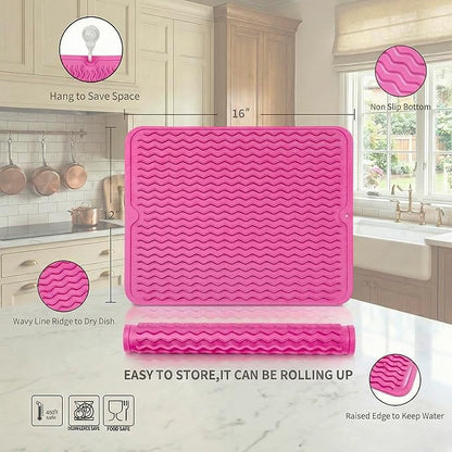 MicoYang Silicone Dish Drying Mat for Multiple Usage,Easy clean,Eco-friendly,Heat-resistant Silicone Mat for Kitchen Counter or Sink,Refrigerator or drawer liner Rose L 16 inches x 12 inches