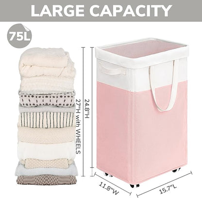 Goodpick Laundry Basket with Wheels 2-Pack, 75L Tall Clothes Hamper, Large Laundry Basket with Removable Wash Bag for Corner Dorm, Rolling Hamper, Pink&White