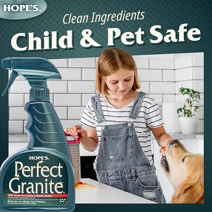 HOPE'S Perfect Granite & Marble Countertop Cleaner with Microfiber Cloth, Stain Remover and Polish, Streak-Free, Ammonia-Free, 22 Ounce, Pack of 1 with Microfiber Cloth