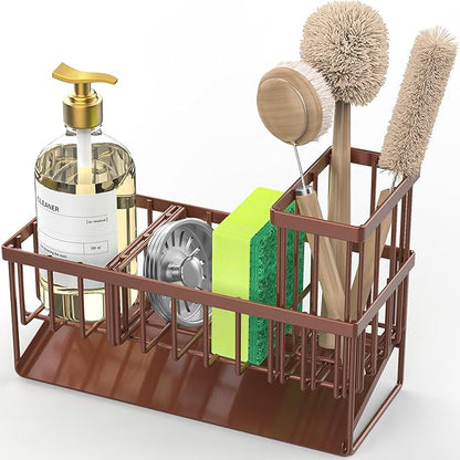 Cisily Kitchen Sink Caddy, Sponge Holder for Kitchen Sink, Kitchen Sink Organzier and Storage with High Brush Holder, Rustproof 304 Stainless Gadgets Sink Accessories(Brown)