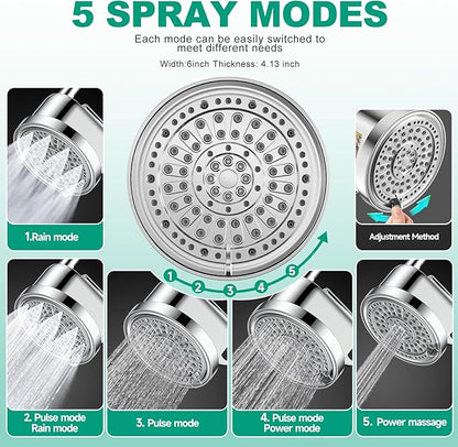 Filtered Shower Head, High Pressure 5 Spray Settings Filtered Showerhead for Hard Water Softener, Shower Head Set 30+2 Stage Shower Filter - Reduces Chlorine and Heavy Metals, 6 inch