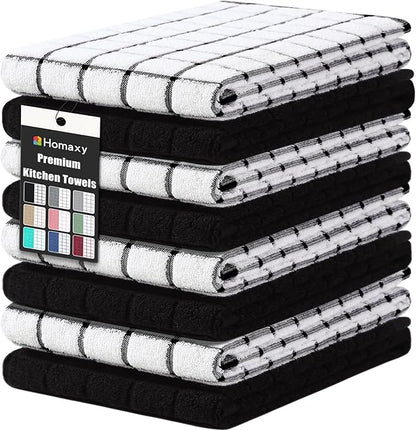 Homaxy Premium Cotton Kitchen Towels 16"x 28", Large Natural Ring Spun 390 GSM Dish Towels, Super Absorbent Terry Kitchen Hand Towels, Soft Tea Towels with Hanging Loop, Black Check Design, 8 Pack