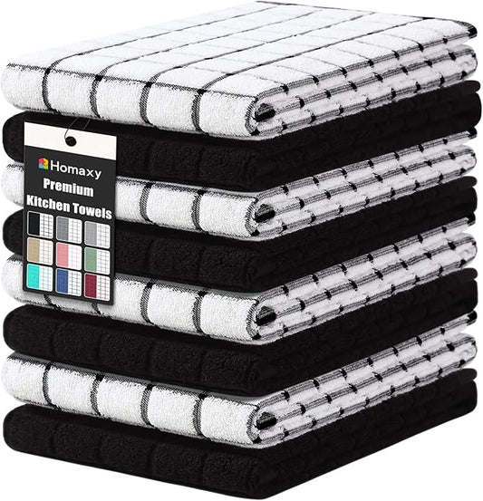 Homaxy Premium Cotton Kitchen Towels 16"x 28", Large Natural Ring Spun 390 GSM Dish Towels, Super Absorbent Terry Kitchen Hand Towels, Soft Tea Towels with Hanging Loop, Black Check Design, 8 Pack