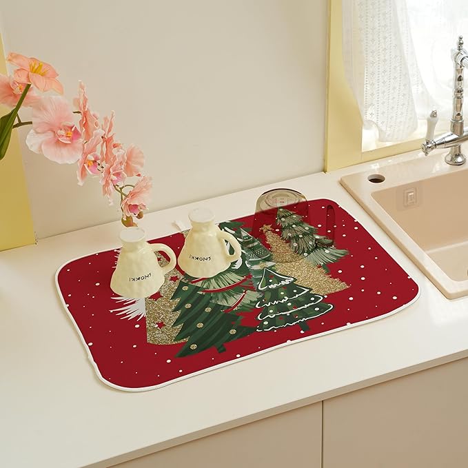 Christmas Dish Drying Mat 18x24 Inches For Kitchen Counter Red Green Christmas Tree Kitchen Decoration Drying Mat Modern Decorative Pad For Home Kitchen Decor,Dining Room,Office Decor