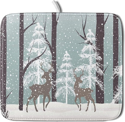 Winter Wildlife Deer Dish Drying Mat for Kitchen Counter,Xmas Landscape Snow Tree Ivory Drying Mat 16 x 18 Inch with High Absorbent Microfiber Drainer Mat for Coffee Bar