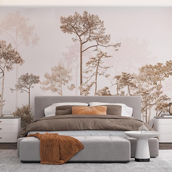 Zeeko Vintage Forest Beige Wall Murals Peel and Stick 144" W x 100" H Waterproof Canvas Self-Adhesive Removable Wallpaper Large Woodland Landscape Wall Art Decor for Bedroom Living Room