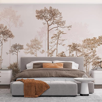 Zeeko Vintage Forest Beige Wall Murals Peel and Stick 144" W x 100" H Waterproof Canvas Self-Adhesive Removable Wallpaper Large Woodland Landscape Wall Art Decor for Bedroom Living Room