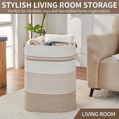 Laundry Basket with Handles - Blanket Basket & Hampers for Bedroom Aesthetic, Laundry Hamper & Blanket Storage for Living Room, Clothes Hamper, Tall, Large 17" x 14" x 22”, Brown & White