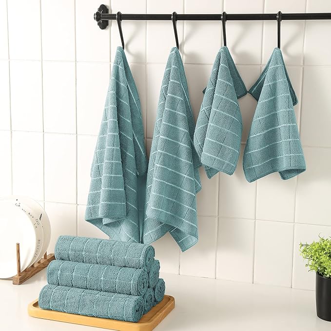 Microfiber Kitchen Towels and Dishcloths Set, 26 X 18 Inch and 12 X 12 Inch, Set of 12 Bulk Lint Free Dish Towels for Drying Dishes, Lake Blue