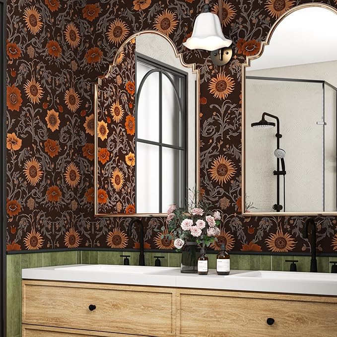 Extra Long Vintage Floral Contact Paper, 17.5In x 393In Moody Dark Brown Sunflower Botanical Pattern Self-Adhesive Wall Paper for Bedroom Cabinet Kitchen, Vinyl Witchy Wall Art Decor in Rust