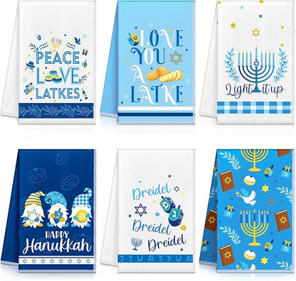 Zubebe 6 Pieces Hanukkah Kitchen Towels Decorations for Home Blue Menorah Gnomes Stars Happy Hanukkah Gift Candlestick Towels Jewish Festival Tea Towel Hand Drying Towel for Cooking Baking