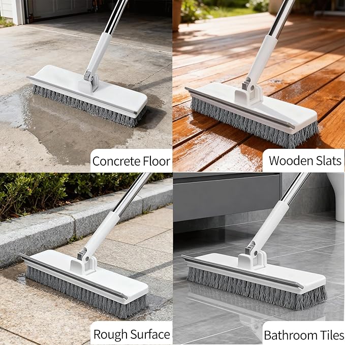 Floor Scrub Brush with 55" Long Handle, 2-in-1 Floor Brush with Built-in Squeegee, Adjustable Angle Head and Stiff Bristles for Tile, Wood, Concrete & Textured Floor Cleaning