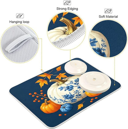 Pumpkin Porcelain Blue White Dish Drying Mat for Kitchen Countertop 16x18 Fall Maple Leaves Thanksgiving Day Small Drying Mat Reusable Quick Dry Dish Sink Mats Easy Clean Decorative Essentials