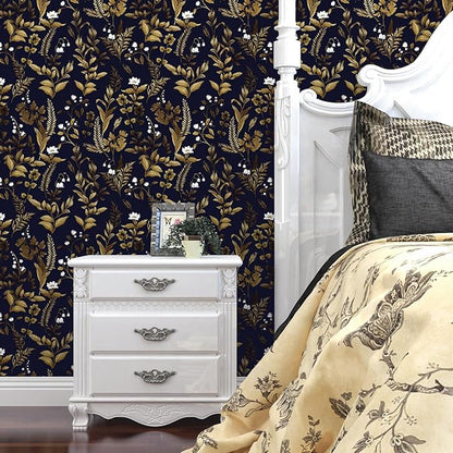 Extra Long Dark Navy Vintage Floral Wallpaper 17.5In x 393In Boho Peelable Contact Paper Botanical Wall Paper Waterproof Stick on Backsplash Bedroom Cabinet Drawer Deep Blue Yellow Gold
