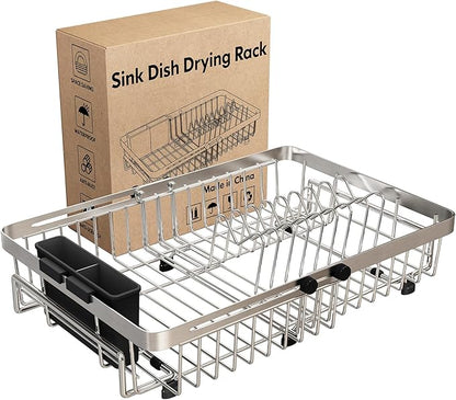 MAJALiS Expandable Stainless Steel Over The Sink Dish Drying Rack for Small Kitchen Counter Space Saving, Compact RV Plate Drainer Strainer in Silver Wire Metal with Hanging Adjustable Utensil Holder