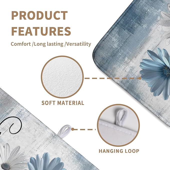 Dish Drying Mat for Kitchen Counter 18x24 Inch Blue Grey Daisy Drying Pads Rustic Vintage Floral Dish Dry Mat Microfiber Absorbent Farmhouse Dish Drainer Mat Flowers Dish Drainer Rack Mat