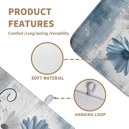Dish Drying Mat for Kitchen Counter 18x24 Inch Blue Grey Daisy Drying Pads Rustic Vintage Floral Dish Dry Mat Microfiber Absorbent Farmhouse Dish Drainer Mat Flowers Dish Drainer Rack Mat